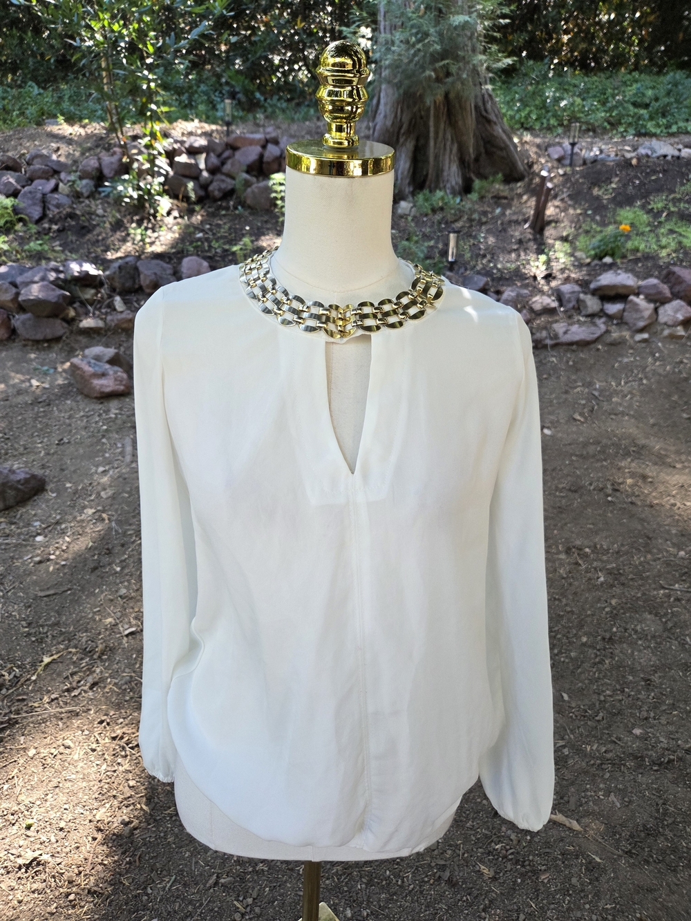 Bebe White Blouse with Gold Chain Neckline Size XS